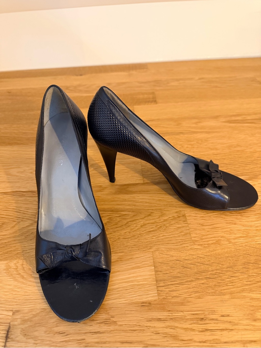 BCBGirls classic black leather peep-toe  heels with bow detail